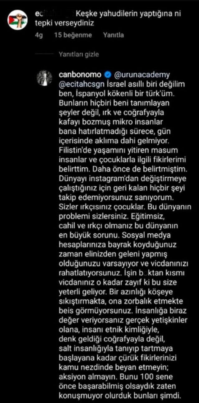 'Keşke Yahudilerin yaptığına bi tepki verseydiniz' yorumu Can Bonomo'yu küplere bindirdi